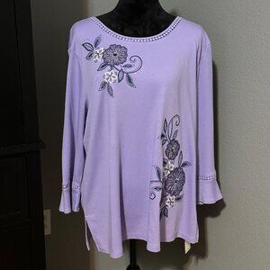 Alfred Dunner Blouse XL Embroidered Floral Top Wisteria Lane Purple NWT Classic